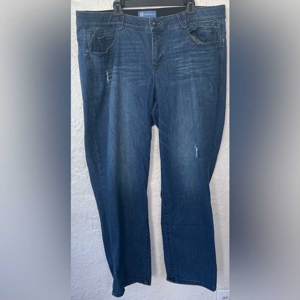 Democracy ab-solution plus sized distressed dark wash skinny jeans; size 22